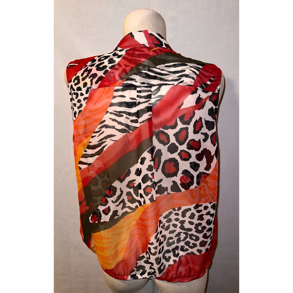 CHICO'S Top Size XL (3) Red Sheer Animal Print Button Shirt w/Strap Tie Hem - Picture 5 of 6